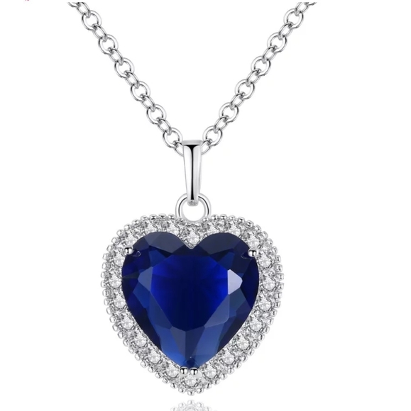Classic Silver Ocean Heart Blue Crystal Necklace - Picture 4 of 6